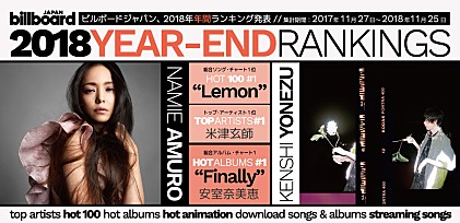 ビルボードジャパン 2018年 年間ランキング発表～【HOT 100】は米津玄師「Lemon」、【Hot Albums】は安室奈美恵『Finally』が首位